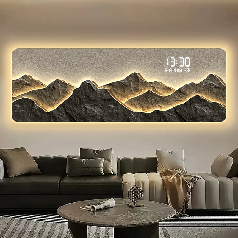 High end living room decoration painting, LED digital electronic clock, mountain back atmosphere light hanging painting