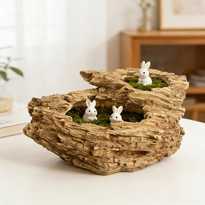 Artificial Driftwood Resin Planter with Dual Holes, Rustic Succulent Pot for Home Decor