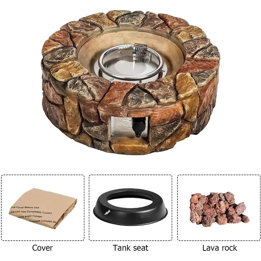 28 Inch Outdoor Propane Fire Pit with Natural Stone, Cover, ETL Certified, Stainless Steel Burner, Electronic Ignition, Lava Roc
