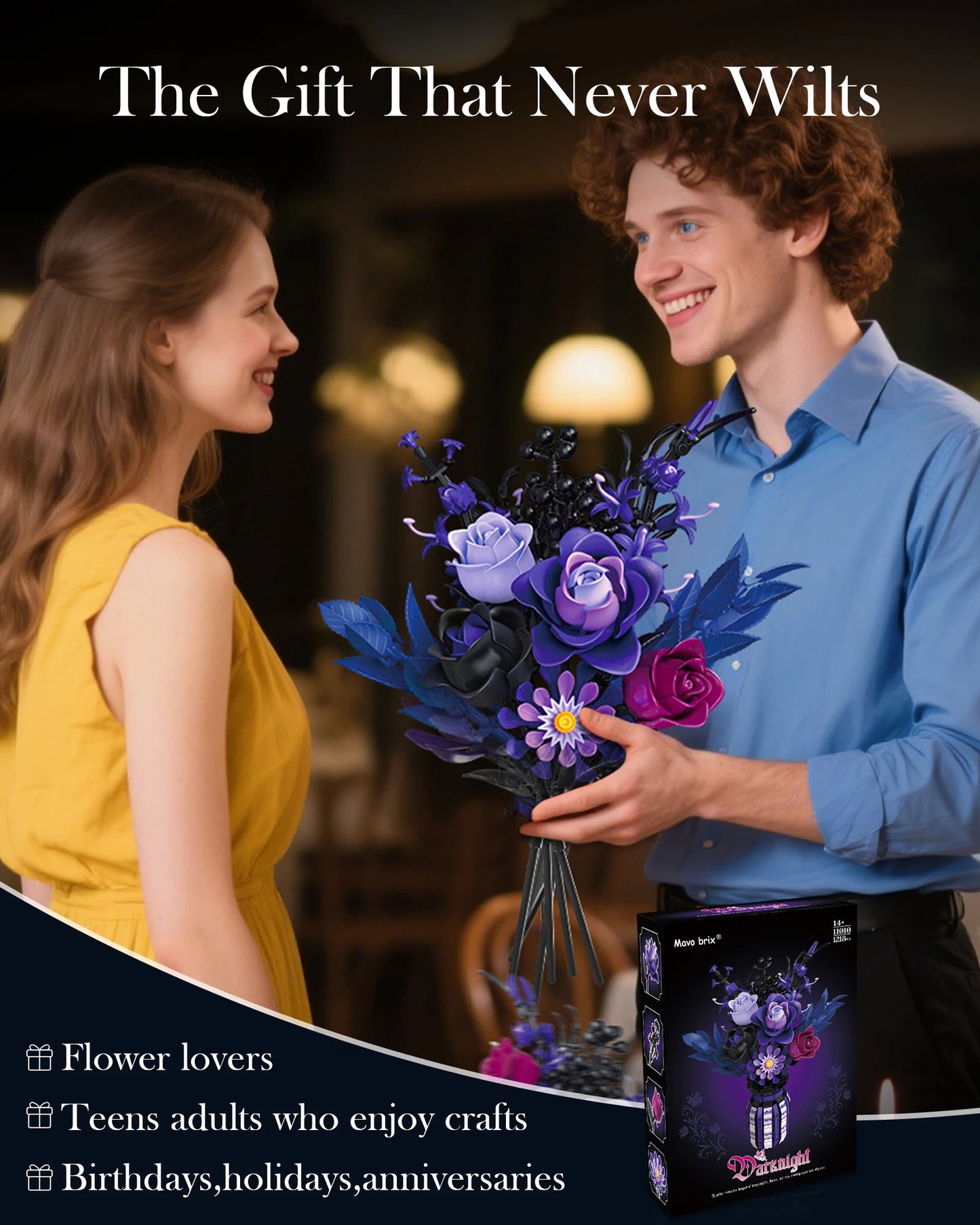 1218PCS Dark Romance Flower Building Blocks Gothic Bouquet With Vase Model Educational DIY Toy Desktop Decoration Gift For Adult