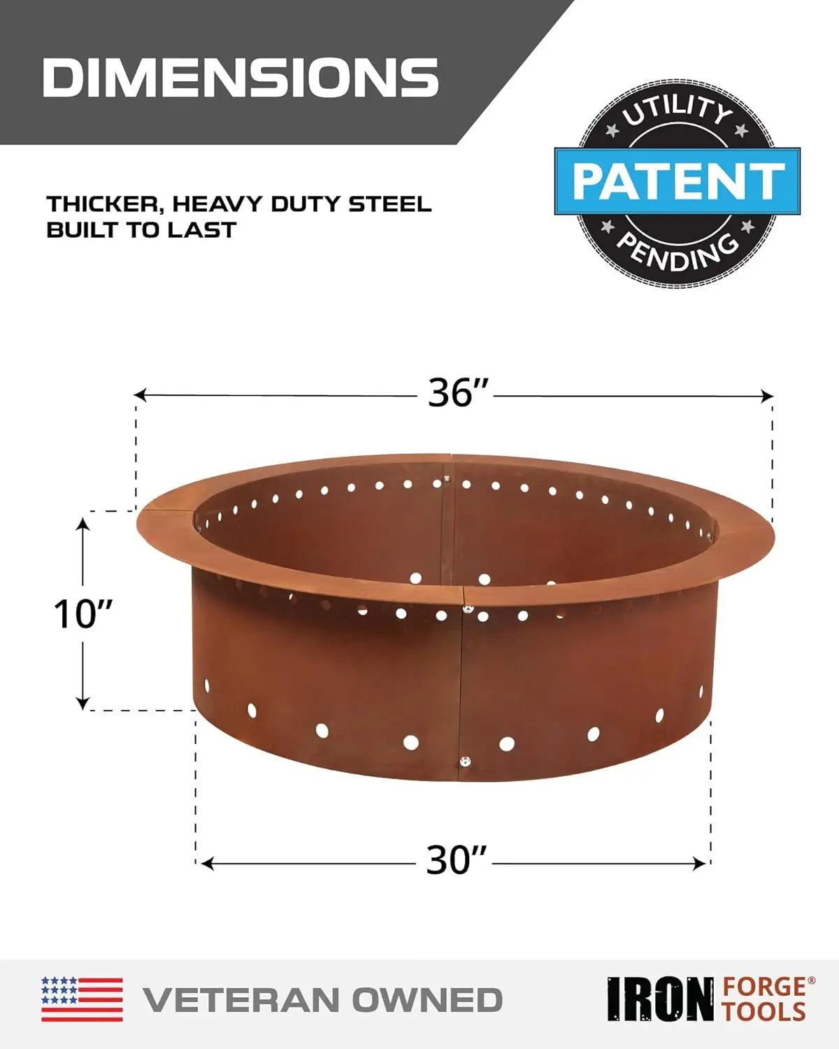 Outdoor Heavy Duty Corten Steel Fire Pit Ring, Black, 36 inch Outer/30 inch Round, Smokeless & Permanent, Patent Pending