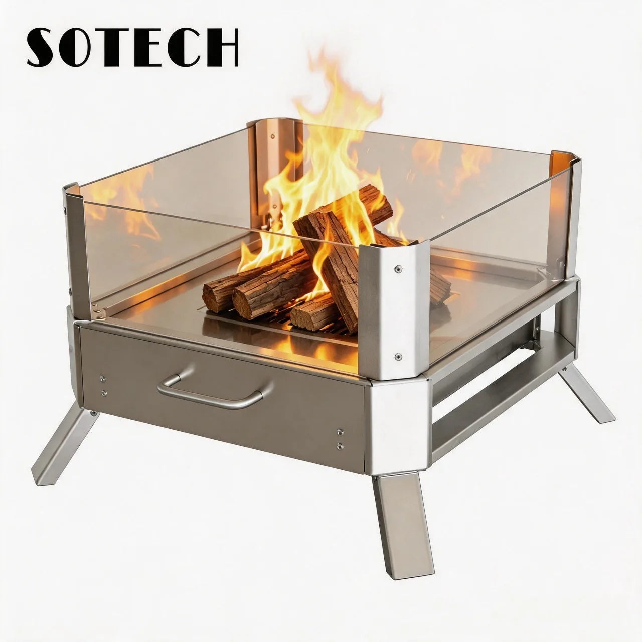 Portable Stainless Steel Fire Pit with Glass Wind Guard Outdoor Camping Fire Pit Foldable Bonfire Stove