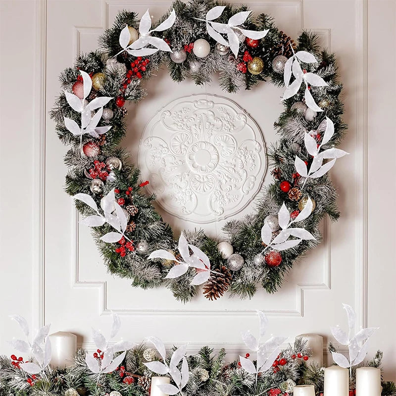 5Pcs Christmas Decoration Glitter Artificial Leaves Bouquet Xmas Tree for Home Decor DIY Wreath Crafts Gift Garland Accessories