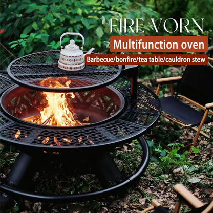 3-in-1 Outdoor Fire Pit BBQ Grill Round Charcoal Table Fireplace with Cooking Grate Heavy Duty Metal for Patio Backyard Party