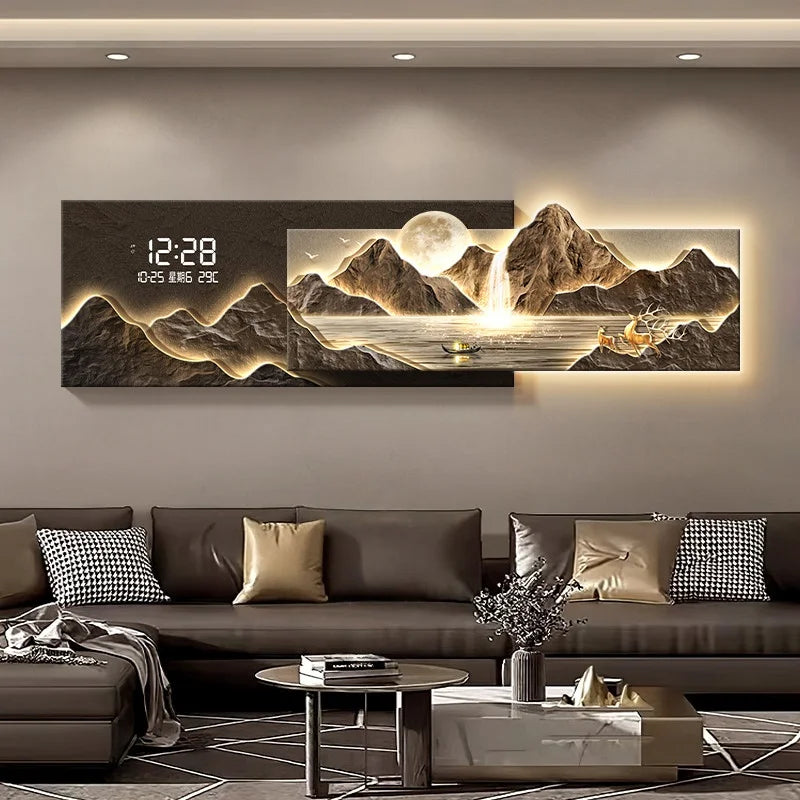 Living Room Decoration Lights Painting Light Luxury Sofa Background Wall Clock Lights Painting High-end Clock Hanging Painting