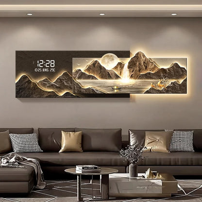 Living Room Decoration Lights Painting Light Luxury Sofa Background Wall Clock Lights Painting High-end Clock Hanging Painting