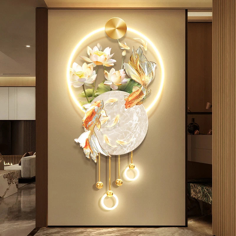 Koi Carp Living Room  Study Room  Bedroom Decoration  Painting Lamp  Lotus Corridor  Hanging Painting Of Nine Fish Wall Lamp LED