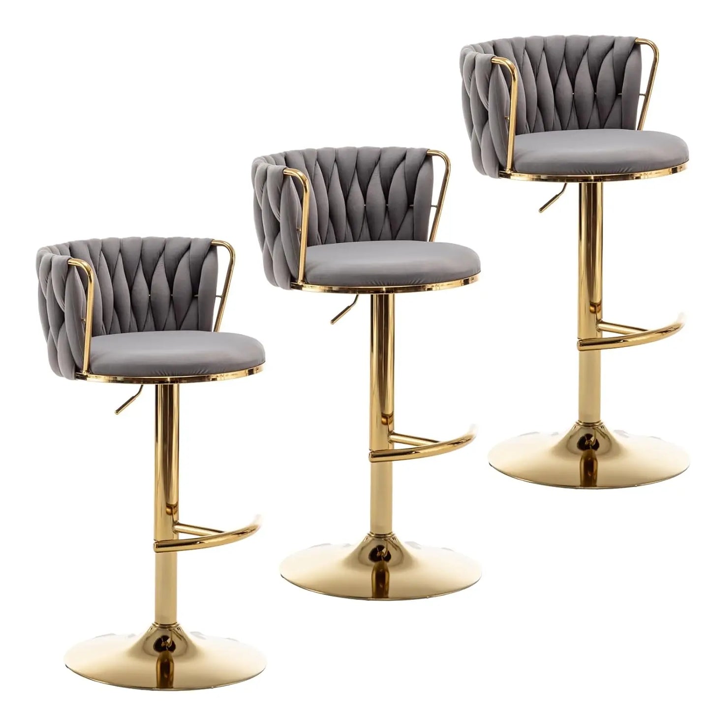 Gold Velvet Bar Stools Set of 3, Swivel Counter Height Bar Stools with Back, Adjustable Woven Barstools for Kitchen, Customized