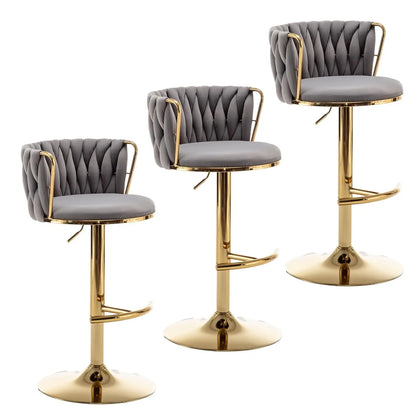 Gold Velvet Bar Stools Set of 3, Swivel Counter Height Bar Stools with Back, Adjustable Woven Barstools for Kitchen, Customized