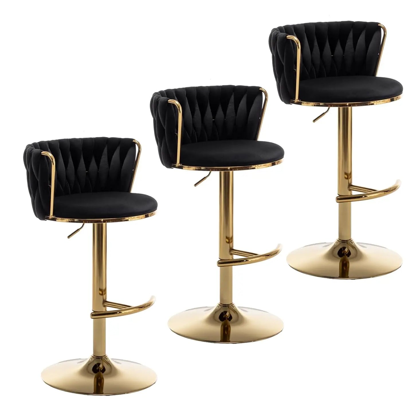 Gold Velvet Bar Stools Set of 3, Swivel Counter Height Bar Stools with Back, Adjustable Woven Barstools for Kitchen, Customized