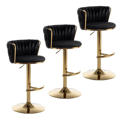 Gold Velvet Bar Stools Set of 3, Swivel Counter Height Bar Stools with Back, Adjustable Woven Barstools for Kitchen, Customized