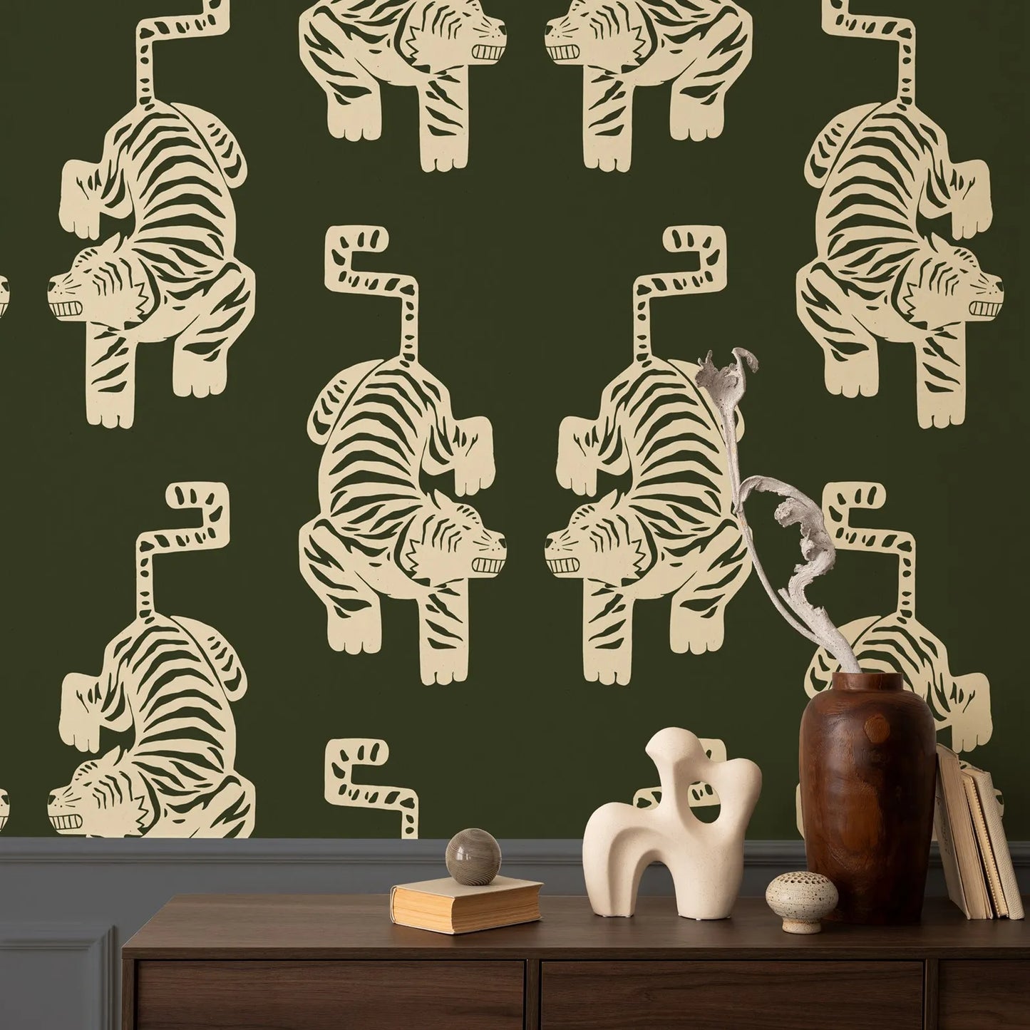Peel and Stick Olive Green Tiger Wallpaper,Vintage Aztec Tiger Wallpaper,Retro Self adhesive Or Tradition Non-woven Animal Paper