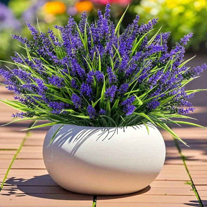 10pcs Bundles Artificial Lavender & Monkey Grass Flowers - UV-Resistant Plastic Outdoor/Indoor Faux Plants, 14.5" Realistic Stem