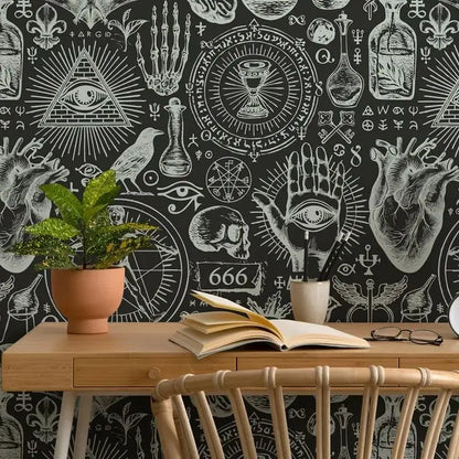 Witchcraft Wallpaper,Dark Black Background Peel and Stick Wallpaper Roll,Mystical Allure,Traditional Non-Woven Paper Wall Art
