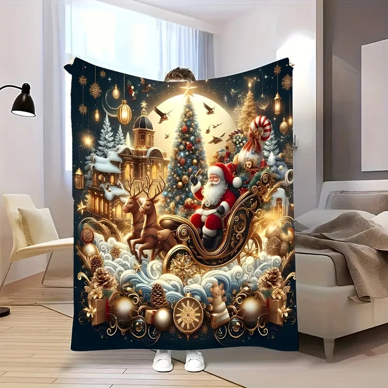 1pc Holiday Santa Claus Reindeer Sleigh Christmas Tree Elements Flannel Fleece Blanket，Multipurpose Seasonal Gift for Christmas