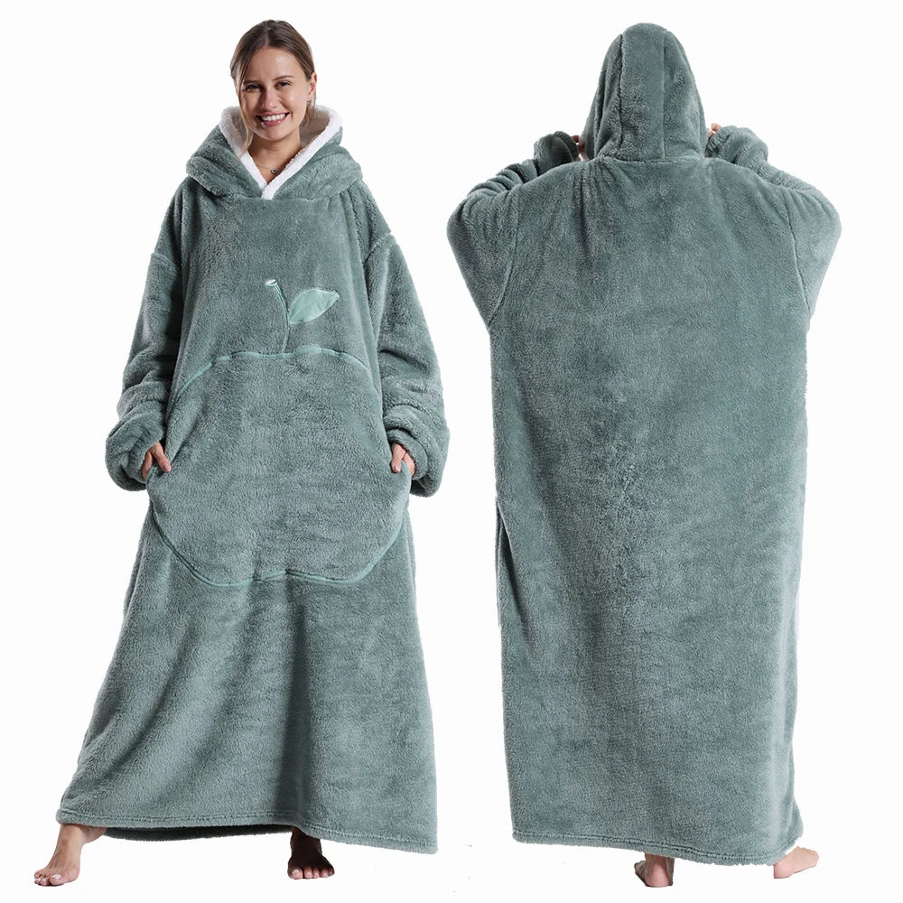 Winter Hooded Sweater Blanket Women Oversized Fleece Blanket With Sleeves Large Pocket Warm Thick TV Hoodie Robe Couple