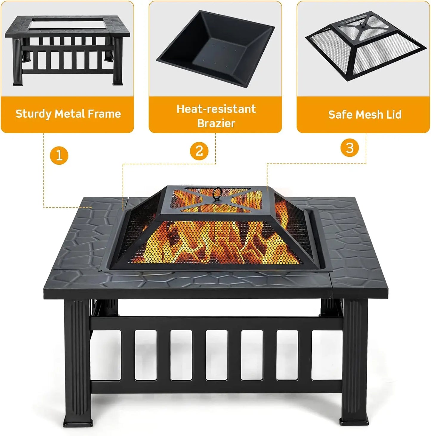 Outdoor Fire Pit Table Square Steel Fireplace With Spark Screen Log Grate BBQ Grill Poker Rain Cover Wood Burning Stove For Backyard Camping Patio Garden Bonfire Party Black