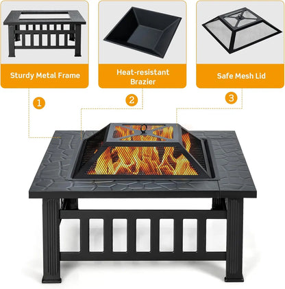 Outdoor Fire Pit Table Square Steel Fireplace With Spark Screen Log Grate BBQ Grill Poker Rain Cover Wood Burning Stove For Backyard Camping Patio Garden Bonfire Party Black