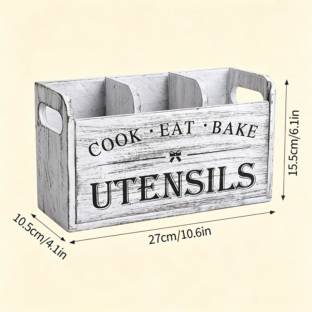 Rustic Wooden Kitchen Utensil Holder - 3-Compartment Countertop & Wall-Mounted Organizer for Spoons Whisks & More Space-Saving