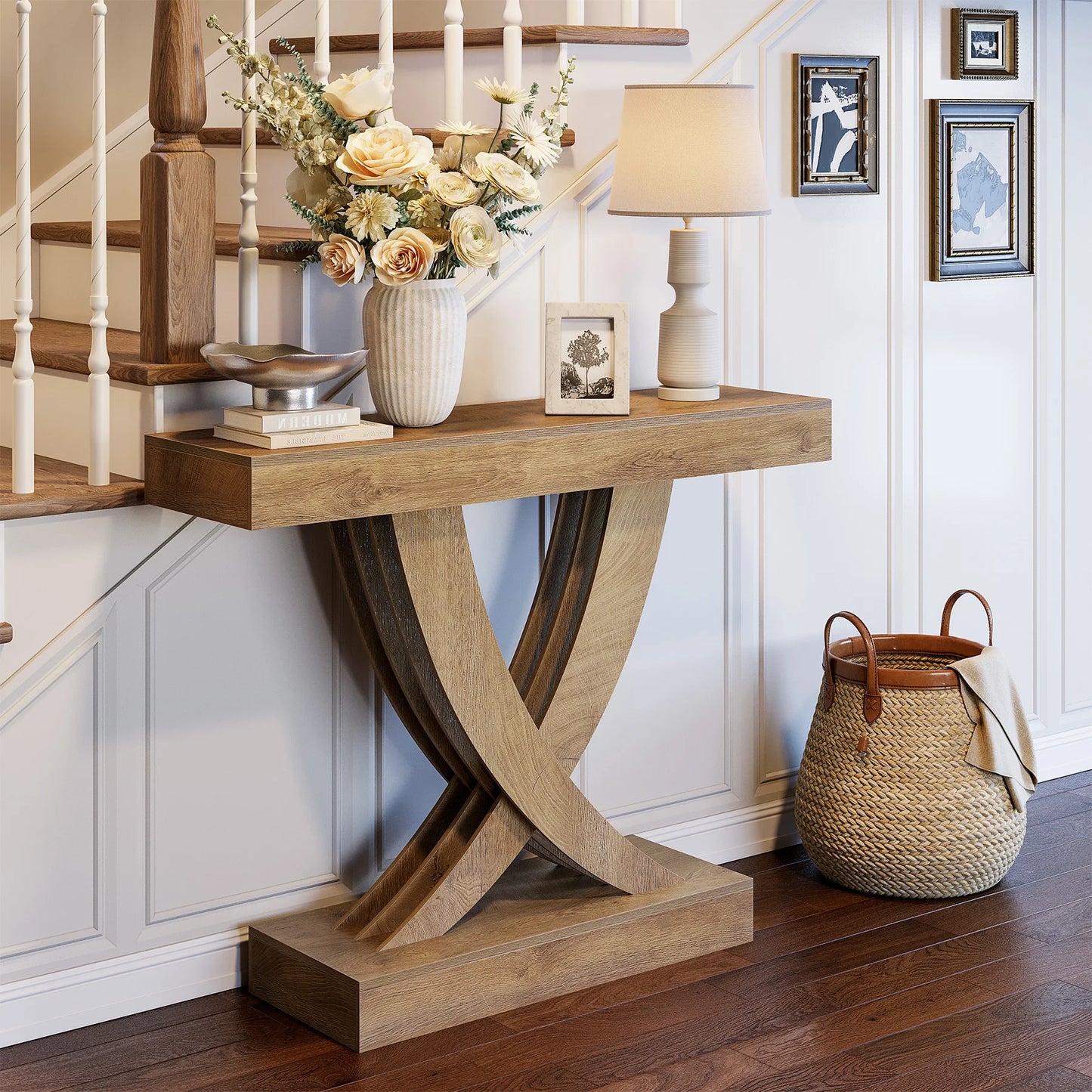 Tribesigns Console Table 110 cm, Rustic Brown Entryway Table with X-Frame, Narrow Hallway Table in MDF Wood, Industrial & Farmhouse Style Sofa Table for Living Room, Hallway or Entrance