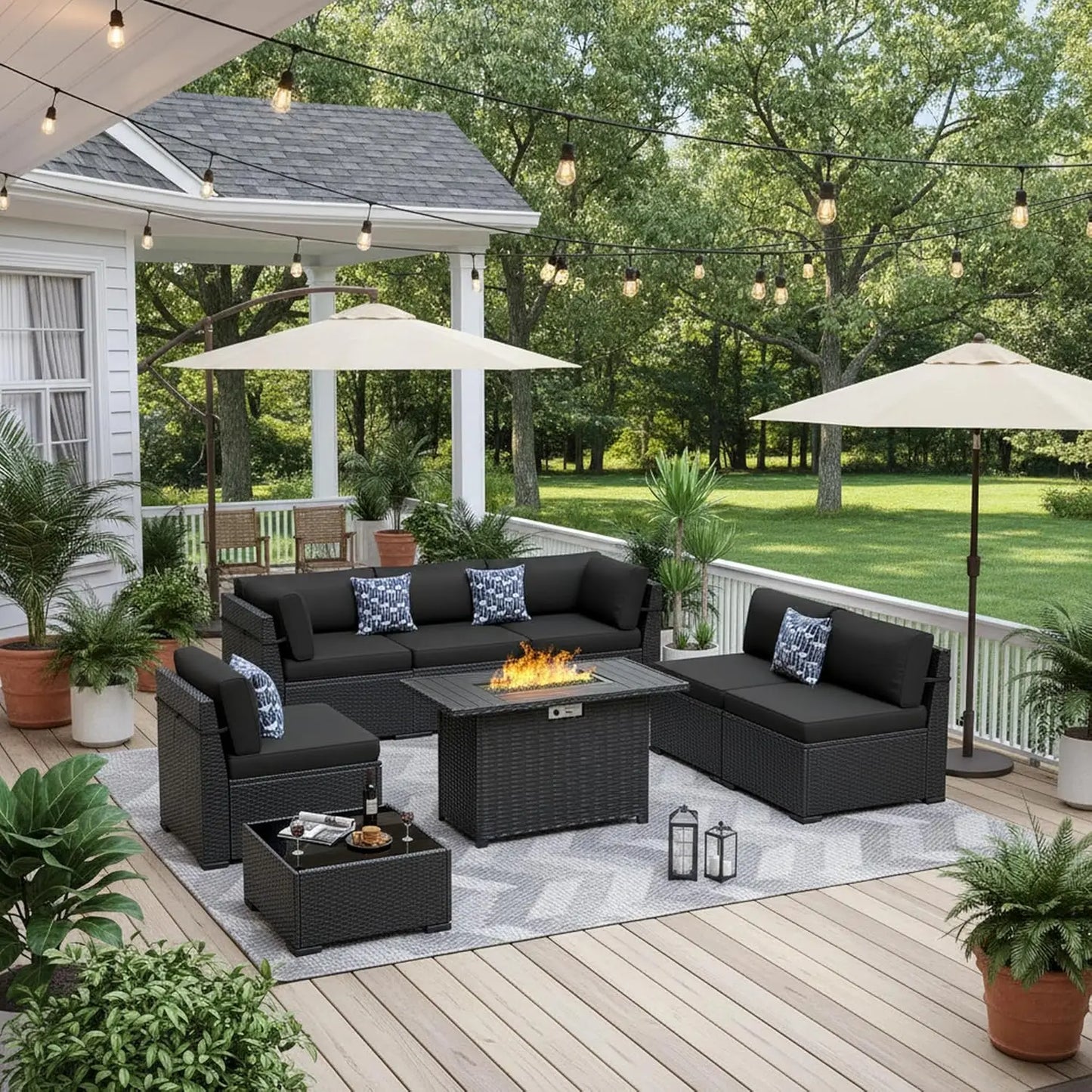 8pc Patio Set 44" Fire Pit Table All Weather Wicker Sectional Sofa Coffee Table Thickened Cushions Outdoor, Custom