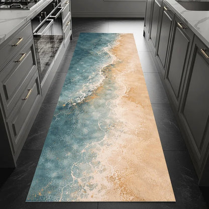 Abstract Ocean Runner Rug Coastal Wave Pattern Carpet Blue Beige Floor Covering Kitchen Hallway Design Long Narrow Home Decor