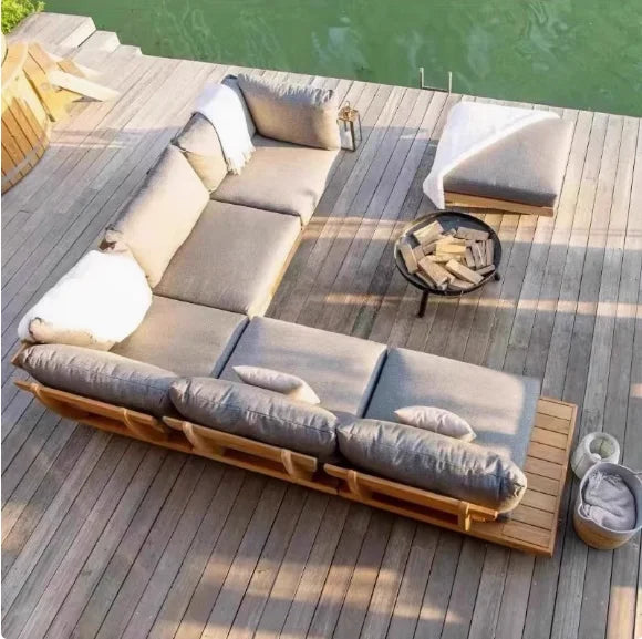 Patio Sofa Set, Made of Imported Teak Wood, Outdoor-grade Waterproof Fabric, Crack-resistant, Suitable for Outdoor Use.