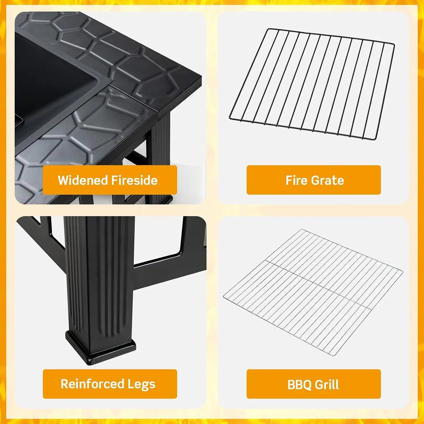 Outdoor Fire Pit Table Square Steel Fireplace With Spark Screen Log Grate BBQ Grill Poker Rain Cover Wood Burning Stove For Backyard Camping Patio Garden Bonfire Party Black