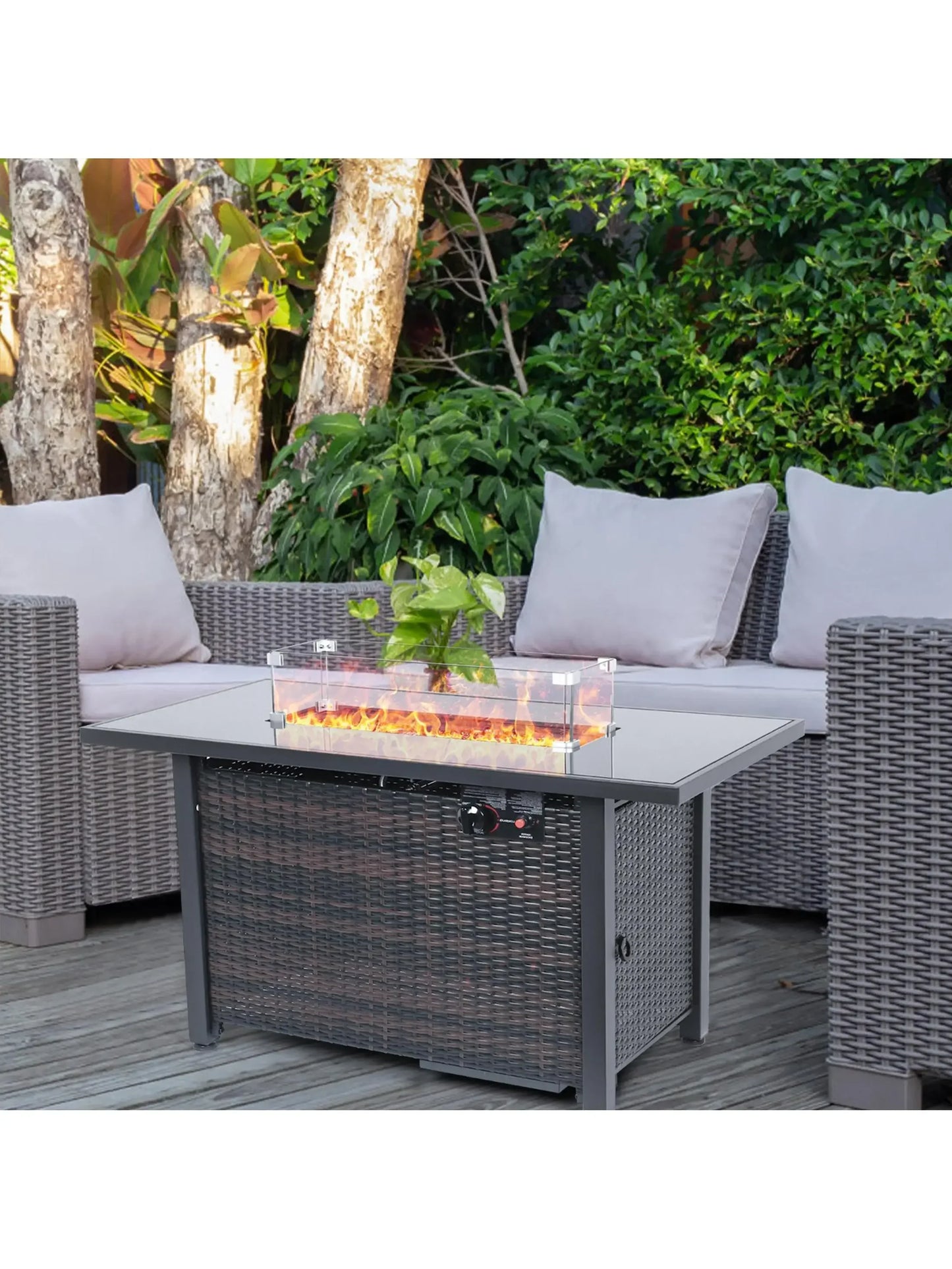 # l Outdoor Propane Gas Fire Pit Table, 43 Inch 50,000 BTU Auto-Ignition Propane Fire Pit Table, CSA Approved with Glass Wind Gu