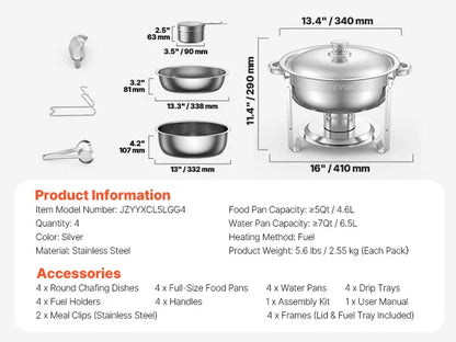 SucceBuy 4 Pack Chafing Dish Buffet Set Stainless Steel Chafer w/4 Full Size Pan Round Catering Warmer Server for Party Banquets