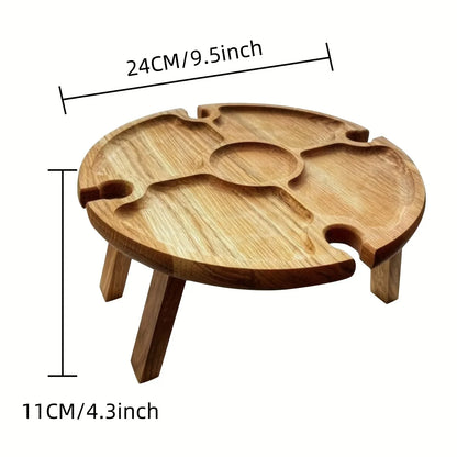 For Garden Party Folding Outdoor Wooden Table Round Collapsible Picnic Desk With Wine Glass Holder 2in1 Rack