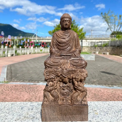 Hand-Carved Agarwood Shakyamuni Buddha Statue - 7.9/11.8" Dragon Throne Buddha Sculpture for Home Living Room Entrance