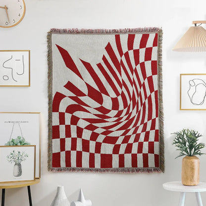 Red White Optical Illusion Throw Blanket Abstract Warped Checkerboard Swirl Jacquard Woven Tapestry Modern Op Art Decor Throw