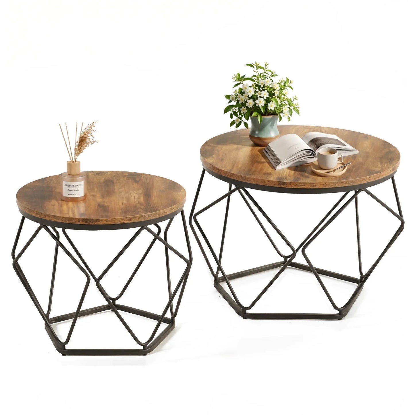 JHK 20IN Round Geometric Coffee Table Set of 2 Movable End Tables for Living Room Nesting Side Tables with Hidden Storage
