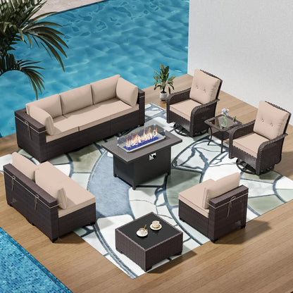 11 Pieces Outdoor Patio Furniture Set,Outdoor Sectional Furniture with 45" 55000 BTU Gas Propane Fire Pit Table,PE, Customized