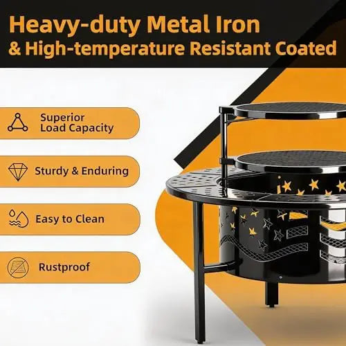 42" Outdoor Fire Pit with 2 Grills - Wood Burning Firt for Outside with Cover & Poker, Heavy Duty Metal Fire Pit Large