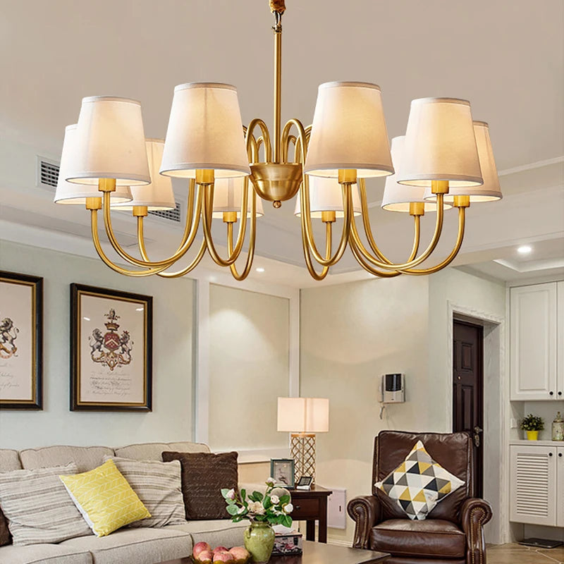Medieval Living Room Copper Chandelier Retro Dining Room Modern Luxury Fabric Hanging Lamp Bedroom Simple Pendant Lighting