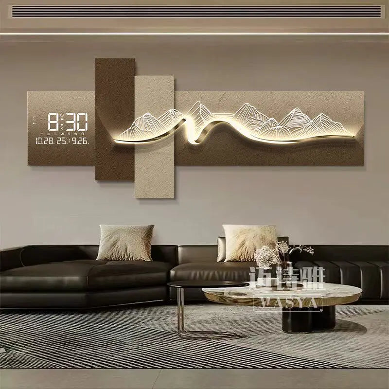 Modern Living Room Decoration Painting With Mountain Backed Led Clock Wall Lamp Painting Sofa Background Wall Hanging Painting