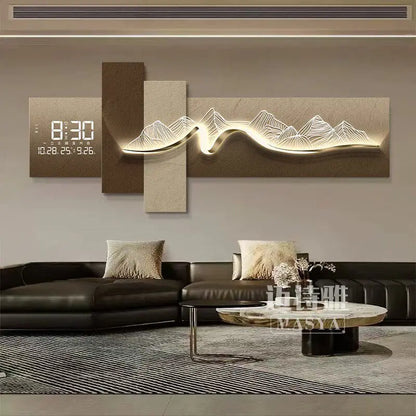 Modern Living Room Decoration Painting With Mountain Backed Led Clock Wall Lamp Painting Sofa Background Wall Hanging Painting