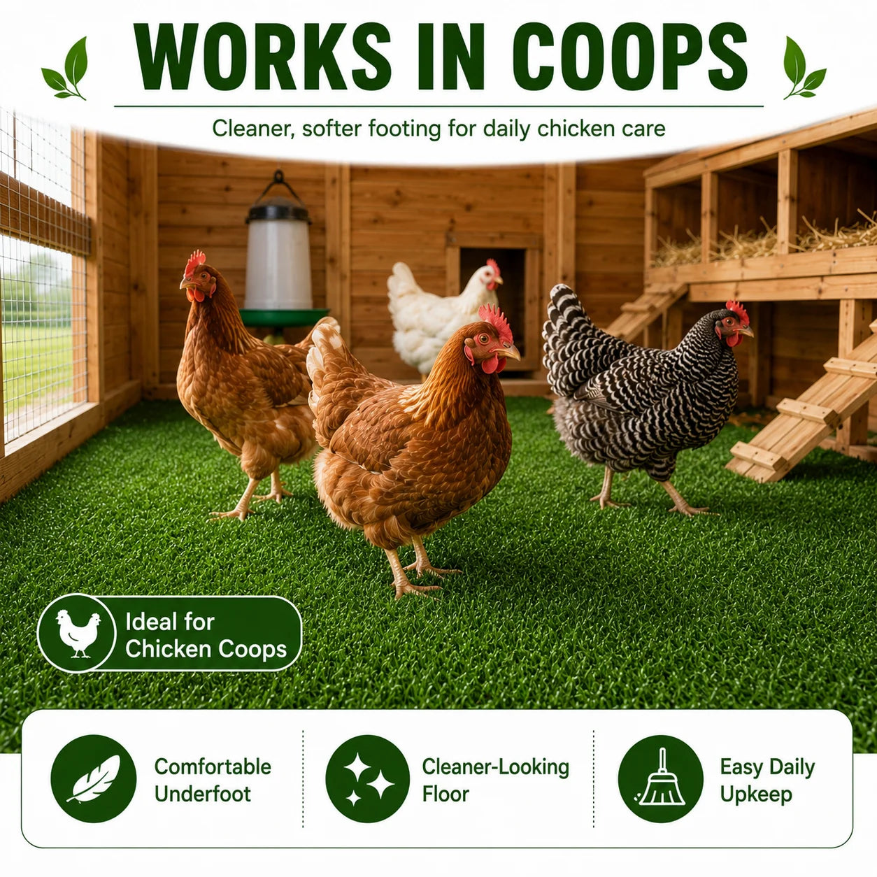 6FT x 30FT Artificial Grass Turf Roll, 0.4in Poultry Coop Flooring Mat for Chickens & Ducks, Quick Drain Synthetic Grass Rug with Black Backing, Easy to Clean Outdoor Farm Run Ground Cover with Stakes