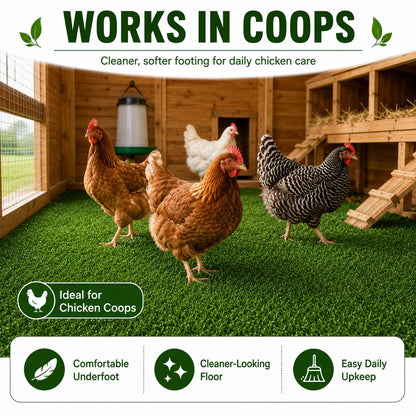 6FT x 30FT Artificial Grass Turf Roll, 0.4in Poultry Coop Flooring Mat for Chickens & Ducks, Quick Drain Synthetic Grass Rug with Black Backing, Easy to Clean Outdoor Farm Run Ground Cover with Stakes