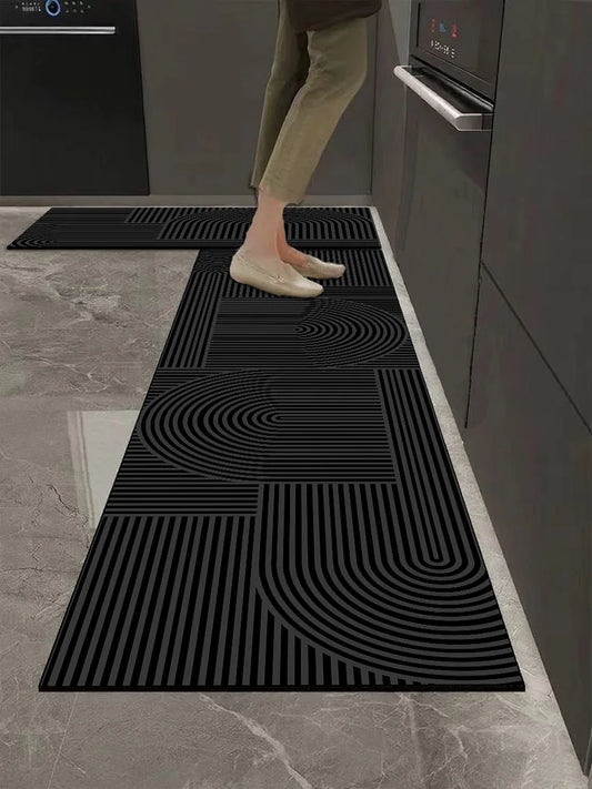 New Modern Kitchen & Bath Rugs with Black Base and Geometric Line Patterns, Non-Slip, Absorbent & Easy to Clean.