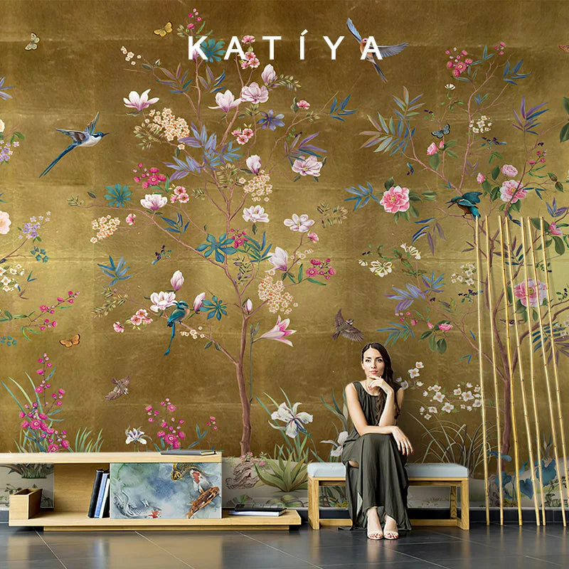 Customized products flower and bird wallpaper new Chinese pastoral flower living room bedroom sofa background wall hotel mural