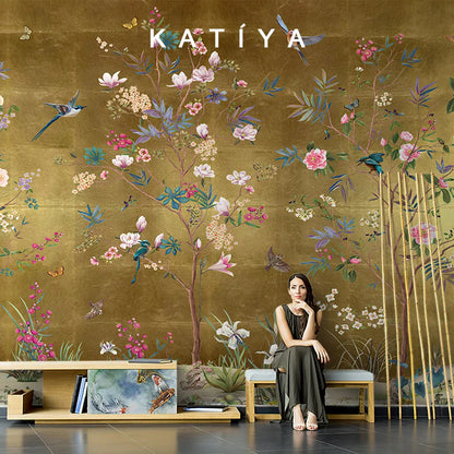Customized products flower and bird wallpaper new Chinese pastoral flower living room bedroom sofa background wall hotel mural