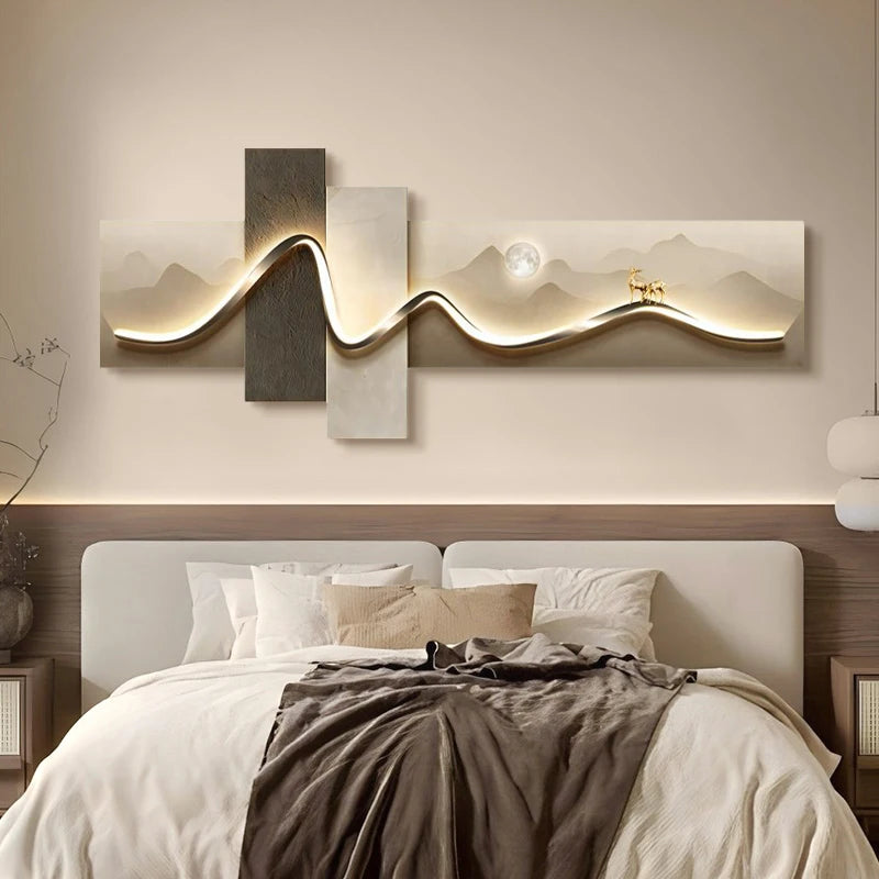 Main bedroom living room geometric office decor painting with lights luxury sofa TV background wall hanging picture bedroom beds