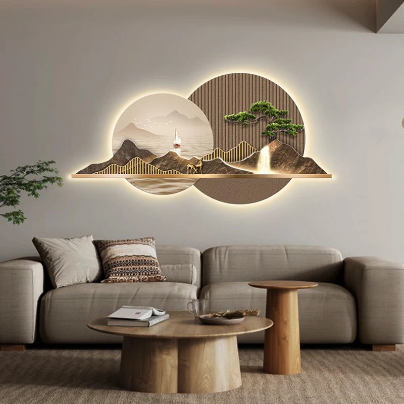 Light Luxury Living Room Painting New Led Light Mural Room Decoration Wall Lamp Living Room Home Interior Art Mural Accessories