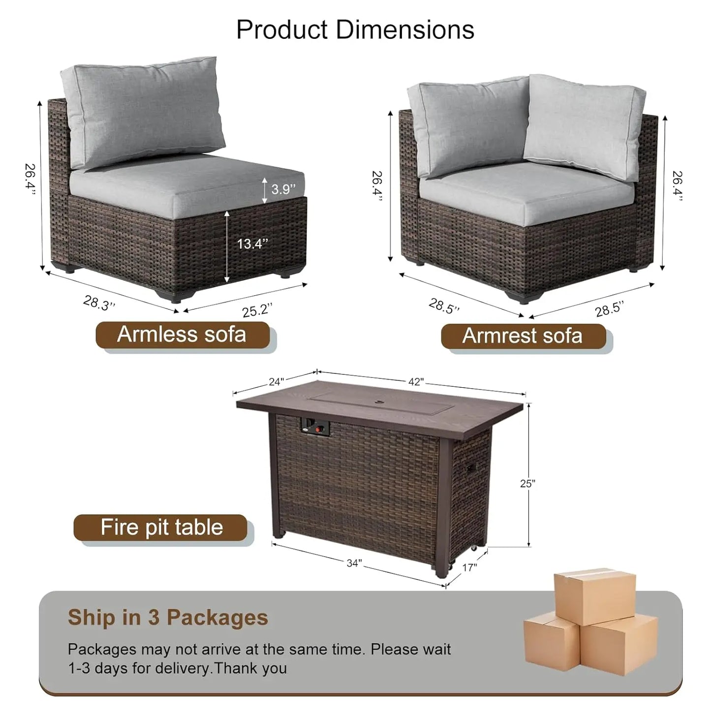 7-Pieces Patio Furniture Sets Outdoor Sectional Sofa with 44'' Propane Rattan Wicker Firepit Table, Patio Sectional, Customized