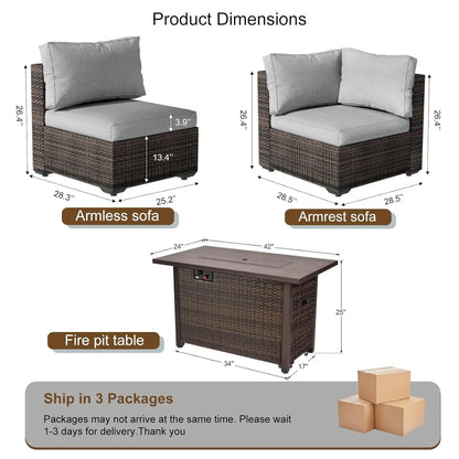 7-Pieces Patio Furniture Sets Outdoor Sectional Sofa with 44'' Propane Rattan Wicker Firepit Table, Patio Sectional, Customized