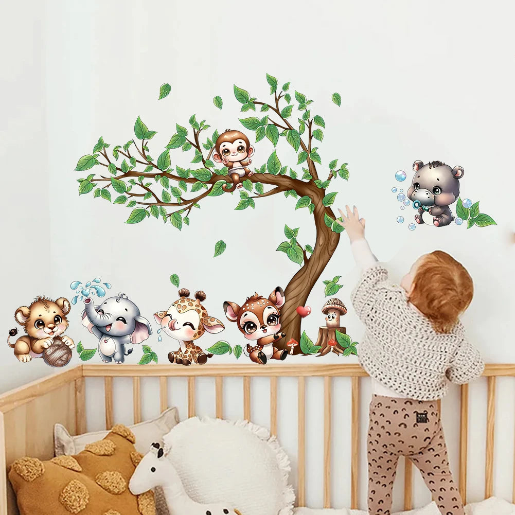 Animals Playing By The Tree Wall Stickers Wallpaper Murals Watercolor Stickers Children's Room Home Decorations