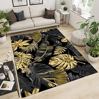 Living Room Black Gold Tropical Leaf Rug Home Non-slip  Kitchen Corridor Entrance Mat